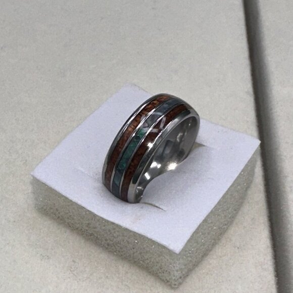 Mens Tungsten Carbide Ring With Wood & Opal Inlay Durable & Stylish Design - Picture 3 of 14